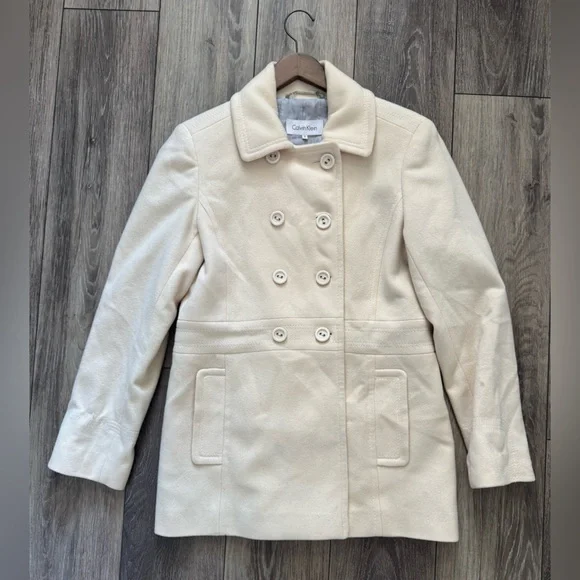 Calvin Klein Women's Cream Double-Breasted Peacoat Size 8 - Picture 1 of 4